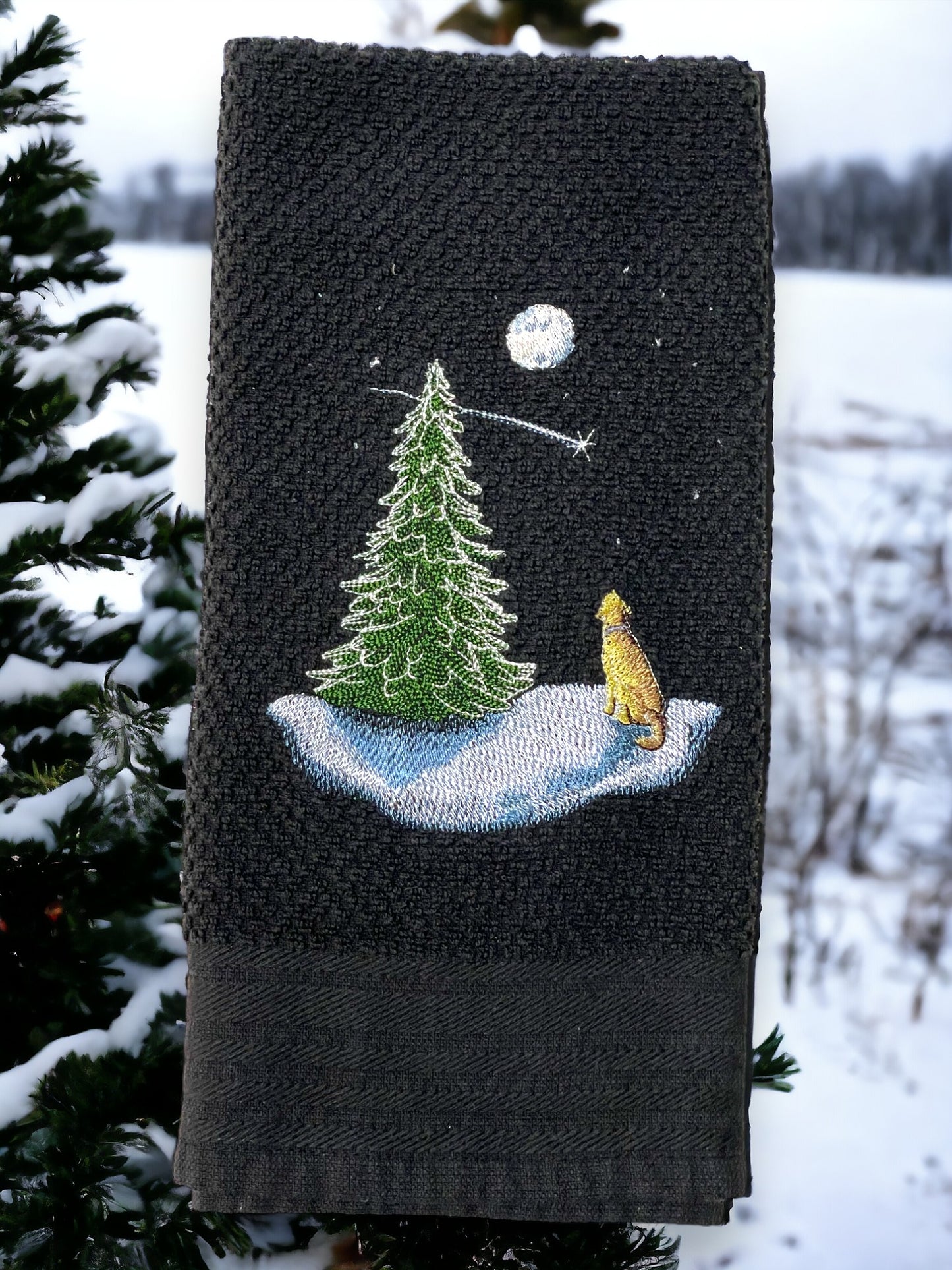 Handmade Embroidered Kitchen Towel- Wonder in the Christmas Sky Dog and Stars