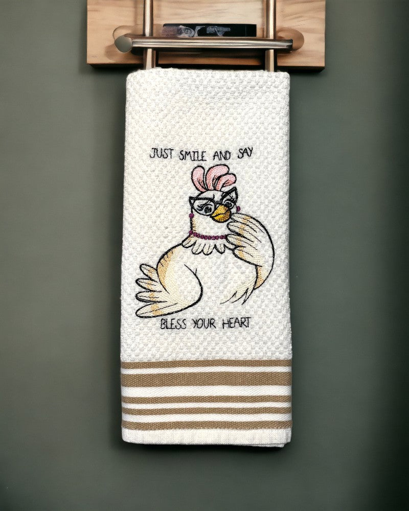 Handmade Embroidered Kitchen Towel-Just Smile and Say Bless Your Heart