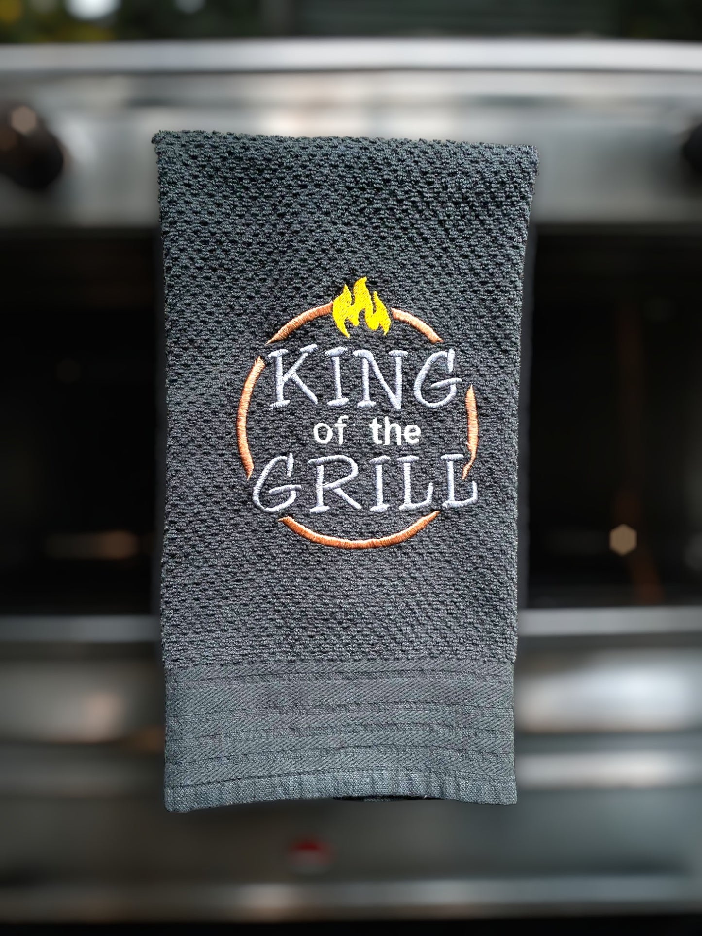 Handmade Embroidered Kitchen Towel- King of the Grill