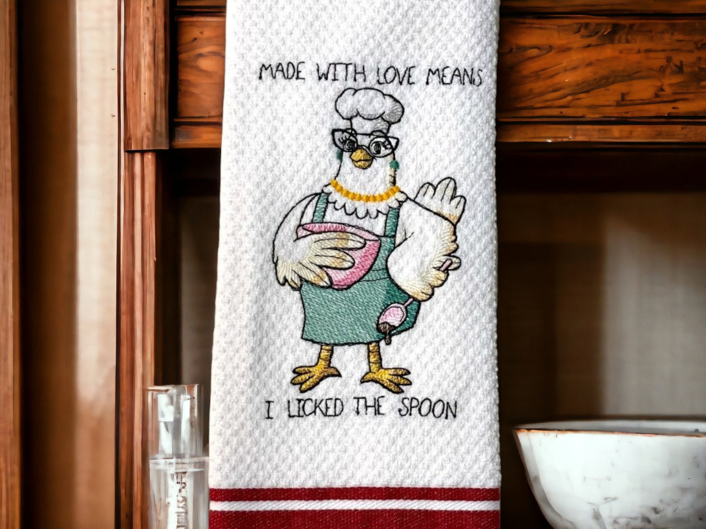 Handmade Embroidered Kitchen Towel-Made With Love Means I Licked the Spoon