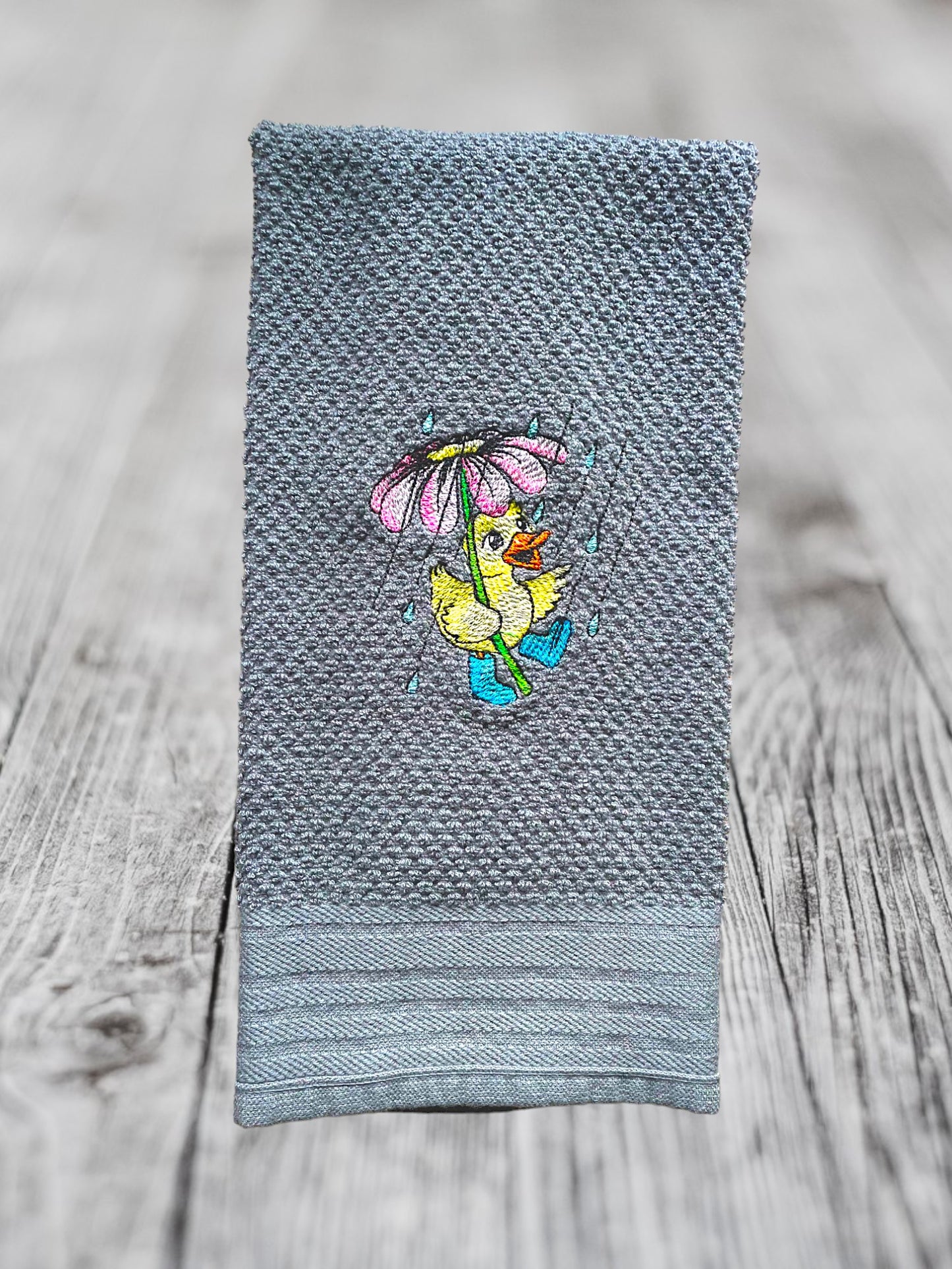 Handmade Embroidered Kitchen Towel-Baby in Rainboots With Umbrella