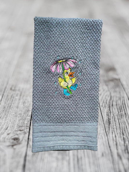 Handmade Embroidered Kitchen Towel-Baby in Rainboots With Umbrella