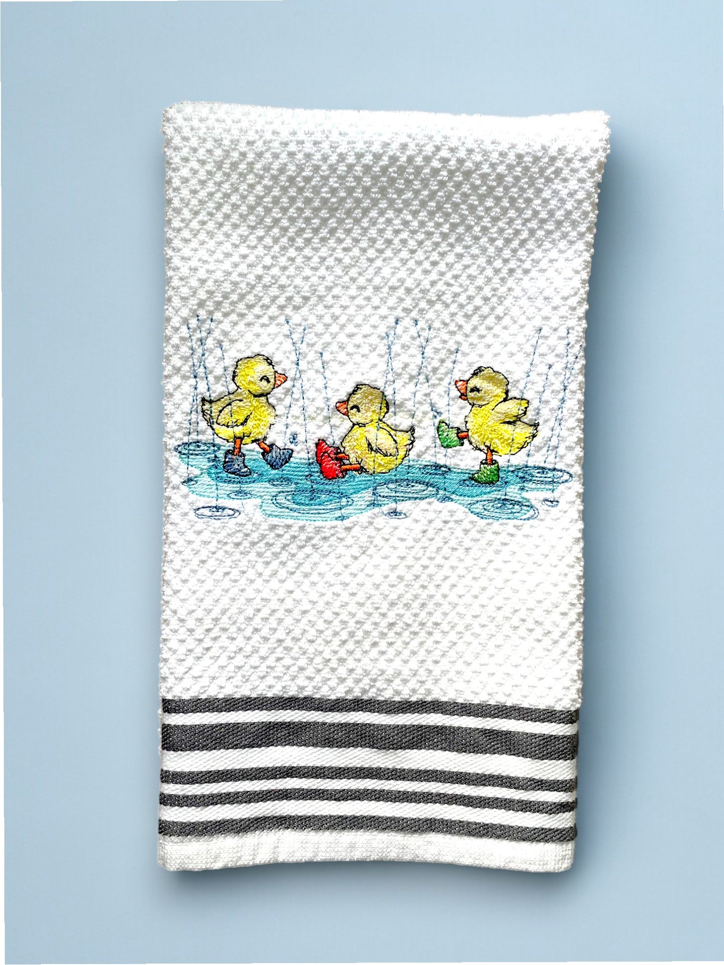 Handmade Embroidered Kitchen Towel-Three Ducks In Rainboots