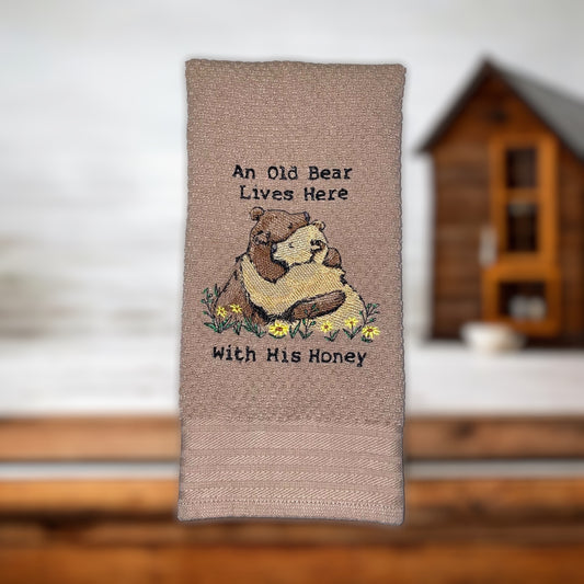 Handmade Embroidered Kitchen Towel-An Old Bear Lives Here With His Honey