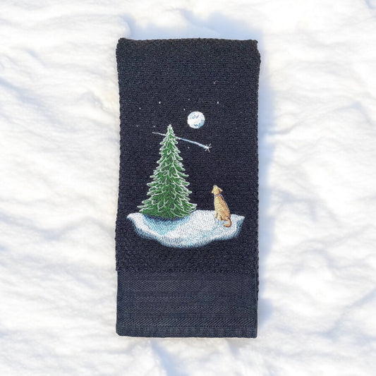 Handmade Embroidered Kitchen Towel- Wonder in the Christmas Sky Dog and Stars