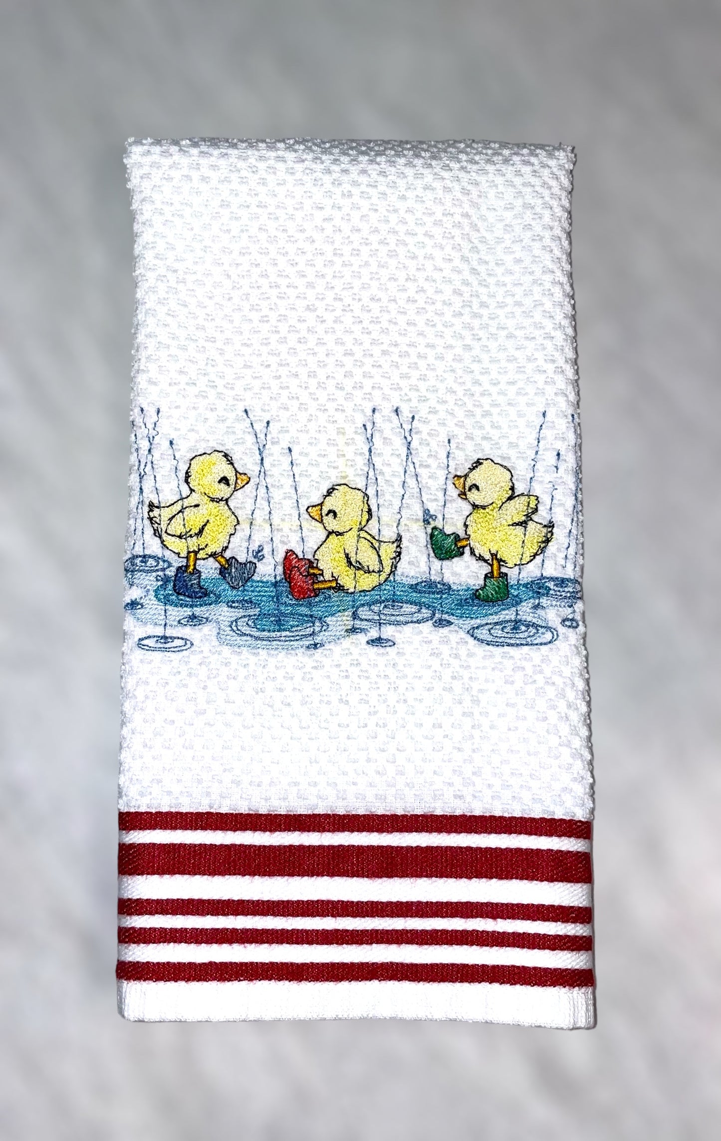 Handmade Embroidered Kitchen Towel-Three Ducks In Rainboots