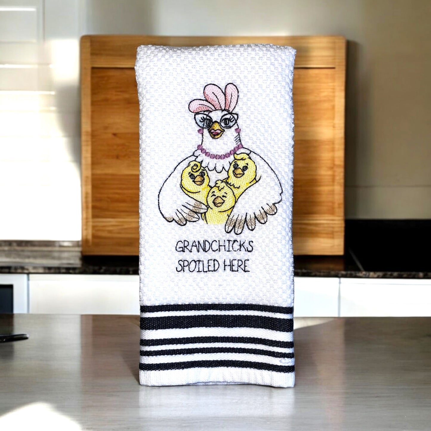 Handmade Embroidered Kitchen Towel-Grandchicks Spoiled Here