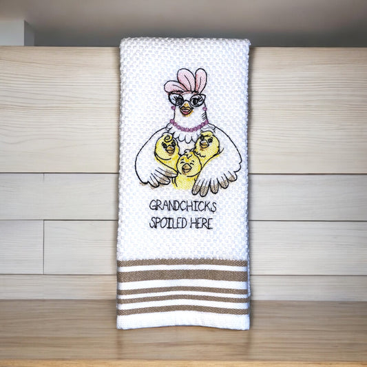 Handmade Embroidered Kitchen Towel-Grandchicks Spoiled Here