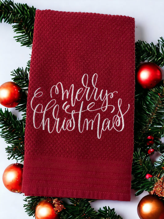 Handmade Embroidered Kitchen Towel-Merry Christmas in Script