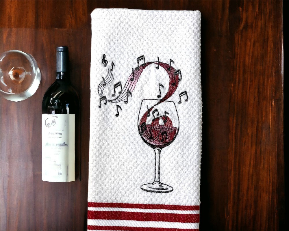 Handmade Embroidered Kitchen Towel-Wine Glass with Musical Notes