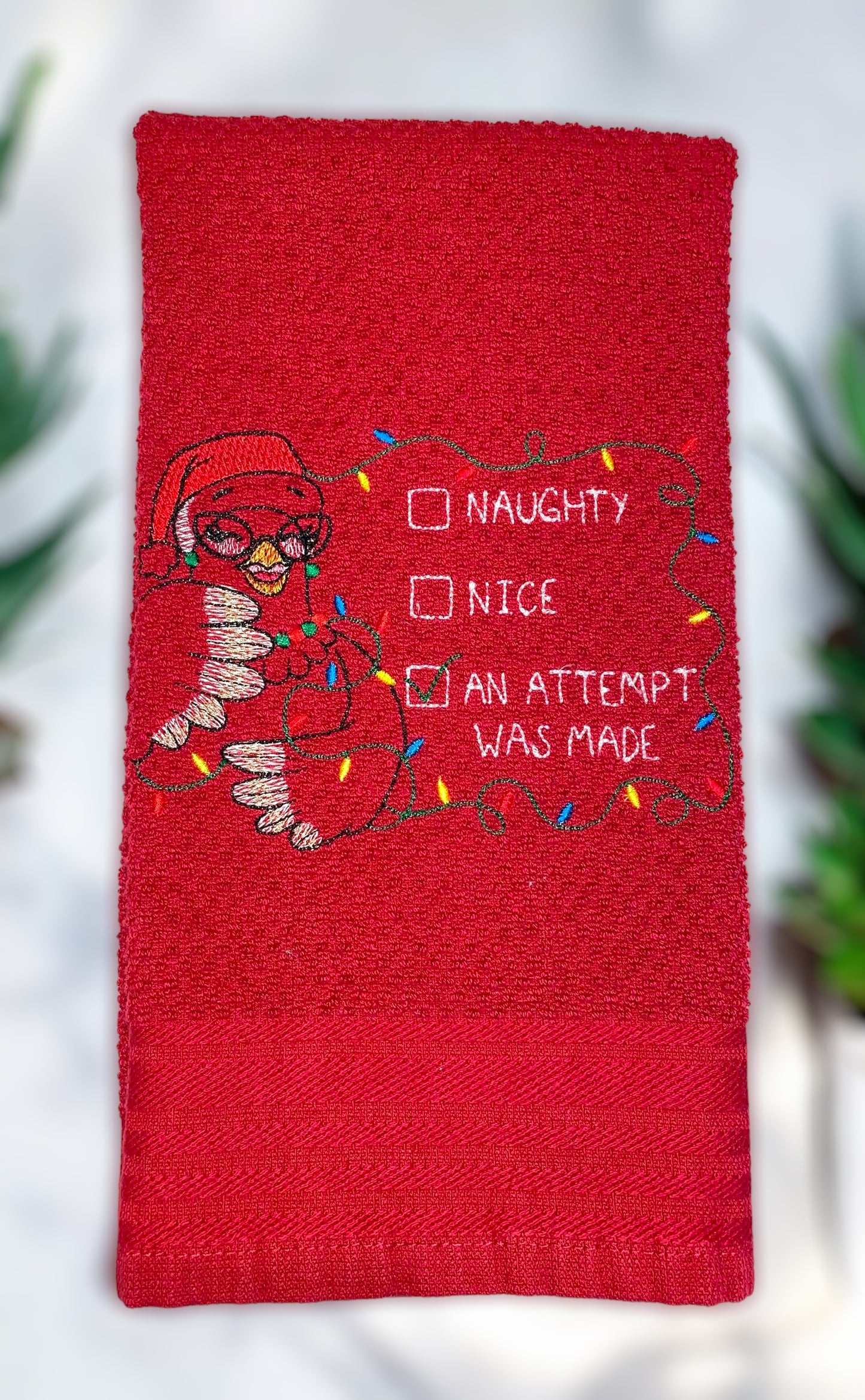 Handmade Embroidered Kitchen Towel-Naughty, Nice, An Attempt Was Made