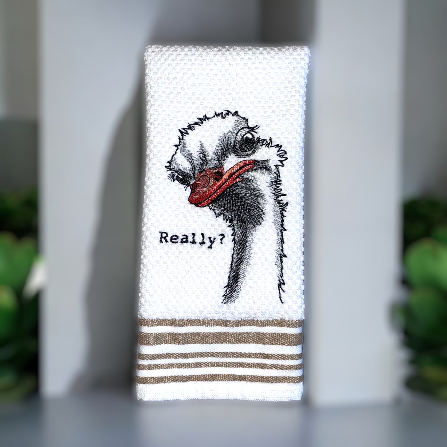 Handmade Embroidered Kitchen Towel- Really Ostrich