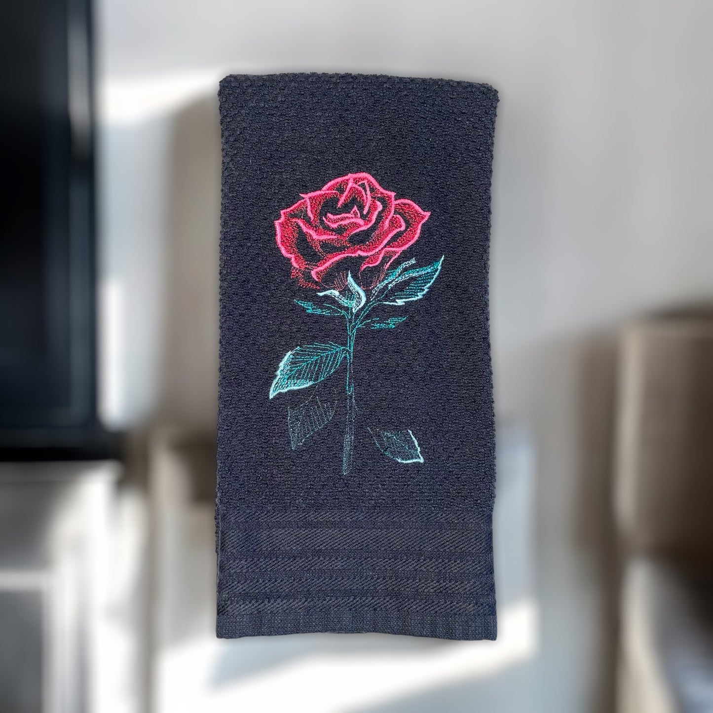 Handmade Embroidered Kitchen Towel-Pink Rose