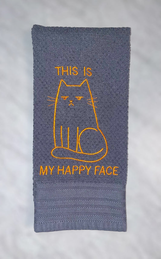 Handmade Embroidered Kitchen Towel-This Is My Happy Face Cat